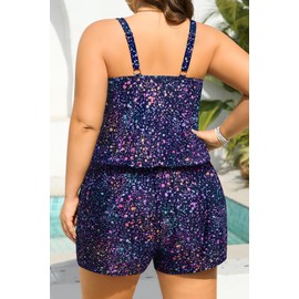 Tempt Me Plus Size Romper Swimsuits with Short - Women One Piece Boyleg with Pockets Bathing Suit Modest Swimwear Starry Sky XL