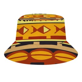 Donnapink Orange Ethnic African Theme Tribal Border Traditional Maori Décor Adult Packable Fisherman's Hat Bucket hat, Unisex Sun Protection Wide Brim Fisherman Cap for Summer Outdoor Travel