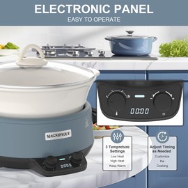 MAGNIFIQUE Small 5 Quart Round Casserole Programmable Slow Cooker with Glazed Ceramic Liner, Food Warmer Perfect Kitchen Small Appliance for Family Dinners, Blue