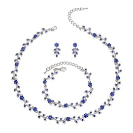 Clearine Wedding Jewellery Set for Women Bride, Gorgeous Stunning Crystal Flower Leaf Cluster Choker Necklace Link Bracelet Stud Earrings for Bridal Bridesmaid Dark Blue Silver-Tone