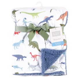 Hudson Baby Infant Boy Plush Blanket with Sherpa Back, Dinosaurs, One Size