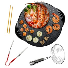 OVENTE Electric Hot Pot and Grill Combo, 2-in-1 Portable Countertop Cooker with Temperature Control Perfect for Korean BBQ, Shabu Shabu and Soup with Free Strainer, Chopsticks and Tong, Black GH10133B