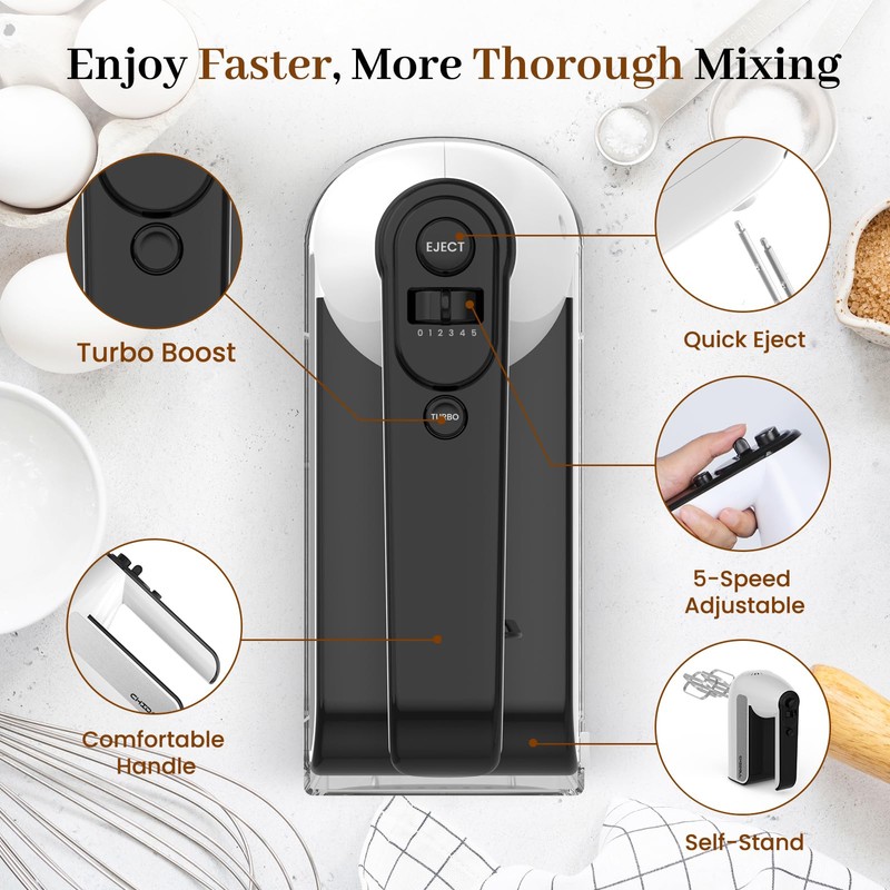 5-Speed Electric Hand Mixer, 800W Handheld Mixer with Turbo for
