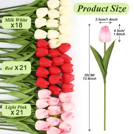 Janinka 60pcs Artificial Tulip Flowers Fake PU Tulips Faux Latex Bouquet Flower Centerpieces Arrangement Floral for Mother Day Wedding Spring Decorations (Milk White,Red,Pink)