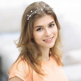 Paquete de 8 diademas de metal plateado brillante con perlas de diamantes de imitación, bandas dobles para el cabello, bandas finas, delgadas y duras, bandas cruzadas, tiara de corona, titular para el cabello para mujeres y niñas