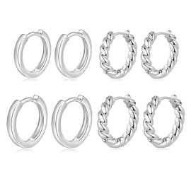 BMMYE Sterling Silver Hoop Earrings for Women Small Silver Huggie Hoop Earrings 4 Pairs Cartilage Mini Silver Hoops Tiny Silver Earrings Set for Multiple Piercing Hypoallergenic 8mm 10mm