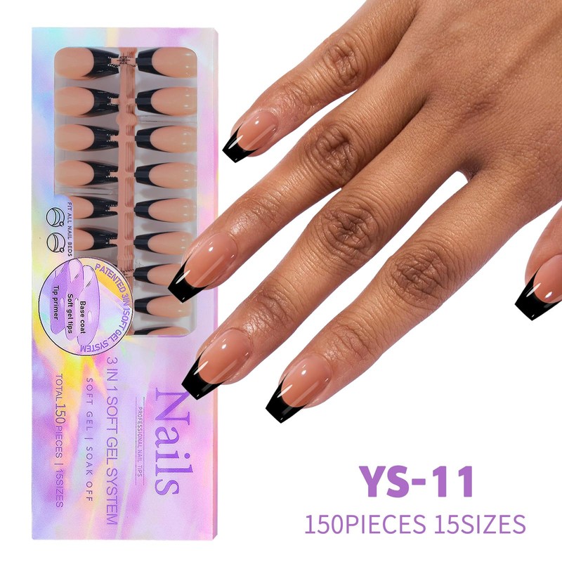 Maigitur Black French Tip Nails - Press On Coffin Shape