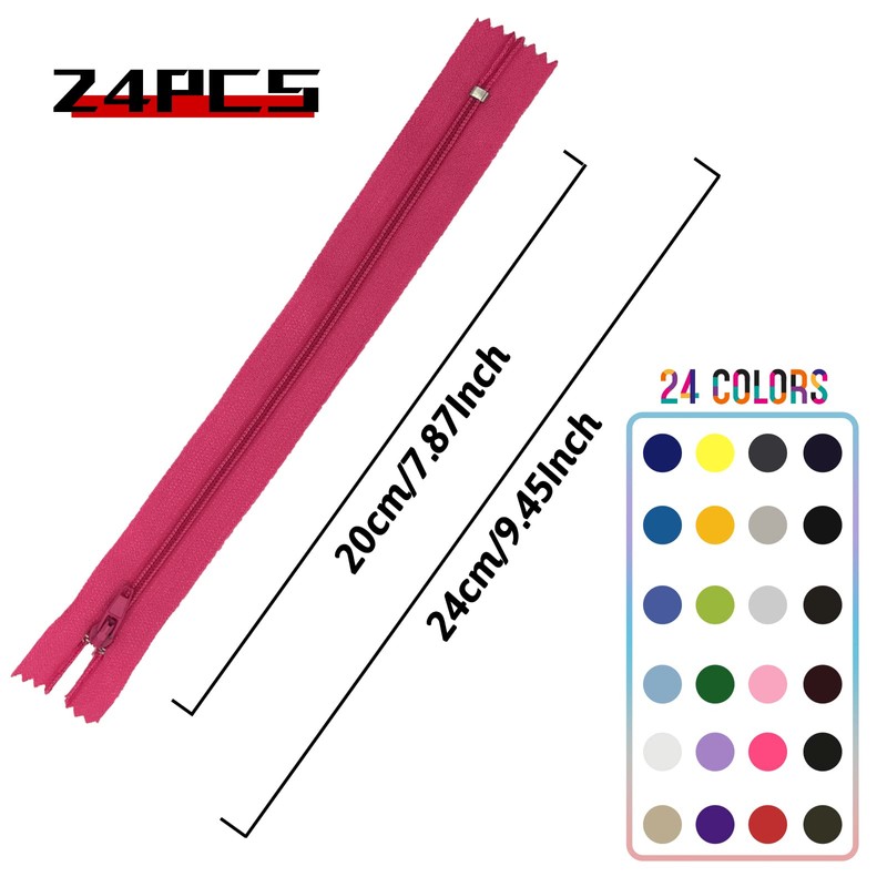 DOITEM 24 pcs 20cm/8 Inch Multicolor Nylon Coil Zippers for