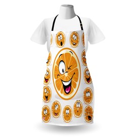 Lunarable Fruits Apron, Orange Clipart with many Expression Frown Laughing Eyebrows Angry Feeling Artwork Print, Unisex Kitchen Bib Apron with Adjustable Neck for Cooking Baking Gardening, Orange