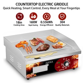 INIDEA 18 inch Countertop Electric Griddle, 110V Commercial Restaurant Flat Top Grill,1800W Stainless Steel Teppanyaki Grill w/Iron Cooking Plate, 122-572℉ Adjustable Temp Control 2 Shovels & Brushes