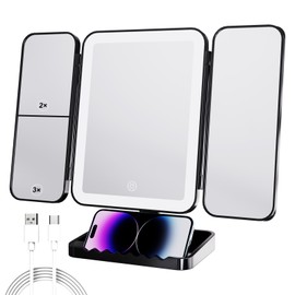 DailyCuddles Makeup Mirror Vanity Mirror with Lights, 3 Color Lighting Modes, 1X/2X/3X Magnification, Tri-fold, 360° Rotation, Phone Holder for Makeup, 2000mAh Rechargeable, Bedroom, Bathroom, (Black)