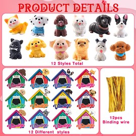 JOISHOP 12pcs Mini Dog Figurines, Mini Resin Animals Realistic Puppy Figures with Valentines Day Cards for Valentines Party Favors Prizes Exchange Dollhouse Decor