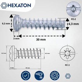HEXATON Euro Screws with Round Head - 6.3 x 30 mm - Pack of 50 - Furniture Screws for Hinges Drawer Guides