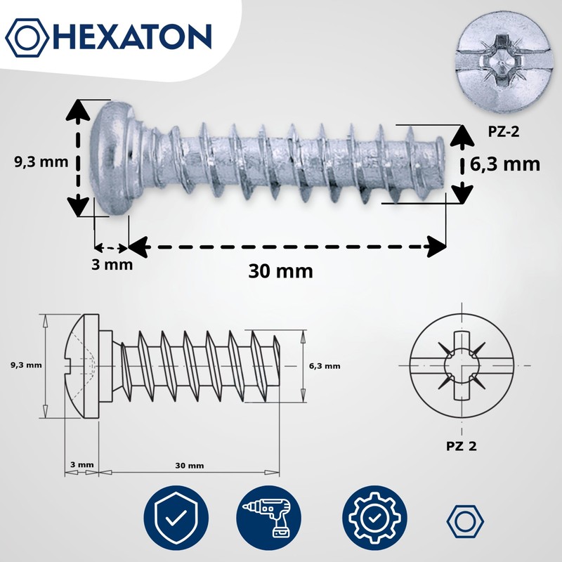 HEXATON Euro Screws with Round Head - 6.3 x 30