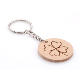 Festland DESIGN® Wooden Key Ring Round with Engraving Clover Leaf as Lucky Charm Christening Exam Gift for Friends Family Partner Key Pendant, brown