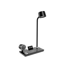 4 in1 LED Desk Lamp with Wireless Charger Speaker Digital Clock Touch Control Dimmable Lamp 3 Color Modes for Home Office Bedroom Reading Study Work (White)