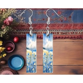 Twisted R Design Earrings, Blue Wildflowers Print Wood Bar Printed Earrings Jewelry