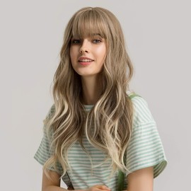 24"Women Synthetic Wigs Long Wavy Blond with Fluffy Air Bangs Light