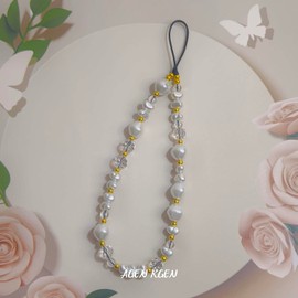 AGEN KGEN Cute Phone Charm Handmade Exquisite Beaded Phone Lanyard Wrist Strap Pink Cell Phone Chain Phone Charms Strap for Women (Gold Beads Pearls)