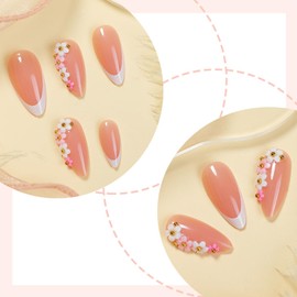 Pink Flowers Charms Press on Nails Short Almond Fake Nails with Pink Flower Gold Beads Charms Design White French Tip False Nails Floral Glue on Nails Artificial Stick on Nails for Women Girls 24Pcs