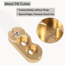 Pill Cutter for Small Pill, 1/2, 1/4, 1/8 Cutting, Metal Pill Cutter with Laser Scale& Transprent Lid, Golden