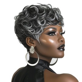 MOONSHOW Grey Wigs for Black Women Black Mixed Grey Pixie Cut Wig Short Gray Hair Wigs for Black Women Ombre Grey Short Curly Pixie Wigs Synthetic Wigs for Black Women(Ombre Grey)