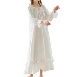 Homgro Women's Victorian Nightgown 3/4 Sleeve Frilly Cotton Night Gown Sleep Dress Pleated Lace Maxi Old Fashioned Princess Vintage Ruffle Nightdress Square Neck White Small