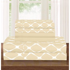 Elegant Comfort Luxury Softest and Coziest 6-Piece Bed Sheet Set, Wrinkle Resistant Milano Trellis Pattern - 1500 Thread Count Egyptian Quality Coziest Bedding Set, Cream, Queen