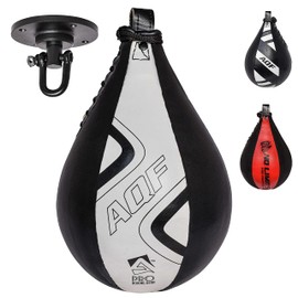AQF Leather Speed Ball & Swivel Boxing Punch Bag Punching Training MMA Speedball (Black & White Pro)