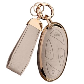 WiiLemz Key Fob Cover for Hyundai with Key Chain, Upper Leather + Soft TPU Car Key Case Shell Protector Fit for Ioniq 6 Grandeur GN7, KONA, Elanrtra, Santa Fe, Sonata, Tucson (Cream, 5 Buttons)