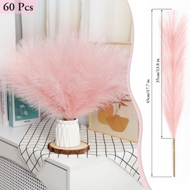 60 Pcs Pink Faux Pampas Grass Decor, 17.7 Inch Fluffy Artificial Flower for Room Pompous Reed Grass Fake Pompas Boho Vase Filler Bulrush for Home Flower Arrangement Wedding Party Decoration