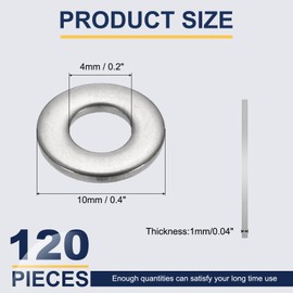 sourcing map M4 Flat Washer for Screw, 120Pcs 304 Stainless Steel Washers 4MM ID x 10MM OD x 1MM Thick for Bolts, Factories Repair, Kitchens, Shops, and Outdoor Construction (Silver Tone)