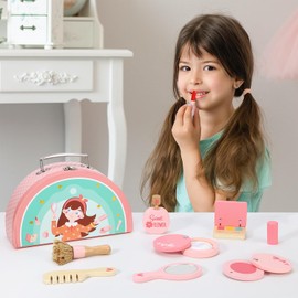 SOKA Wooden Make Up Toy Set Pretend Play Vanity Beauty Cosmetic Make Up Kit with Cute Case Makeover Role Play Games for Kids Children Little Girls Ages 3 year old +