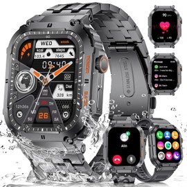 ESFOE Reloj Inteligente Hombre(3 Correas), 1.96'' 400mAh Smartwatch Hombre con Llamada Bluetooth,IP68 Impermeable,Cuerpo Metálico de Acero Inoxidable,100+Deportes Militar Smart Watch para Android iOS