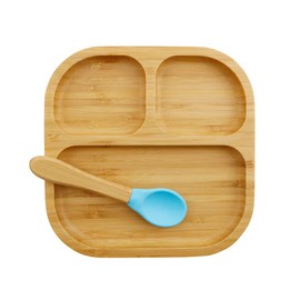 BIOZOYG Bambus-Teller-Set quadratisch I Saugnapf-Teller mit Löffel - FSC-zertifiziert I süßes Bambus Holz-Schüssel-Set Kleinkind - Kinder-Teller & Snack-Schale I Baby Bambus-Geschirr eckig blau