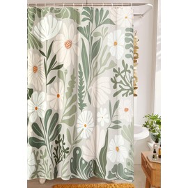 RoomTalks Cute Green Faux Linen Shower Curtain Extra Long 78 Inch - 210GSM Heavy Duty Modern Floral Matisse Spring Summer Aesthetic Botanical Shower Curtain Set with Hooks