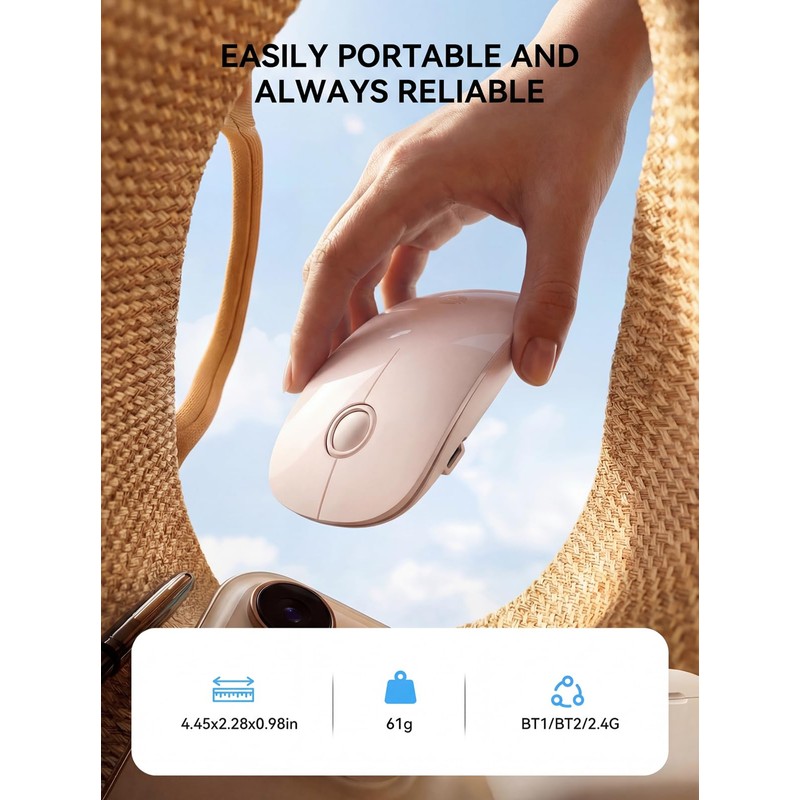 RAPIQUE Slim Wireless Mouse, Bluetooth & 2.4GHz, Rechargeable, Beige