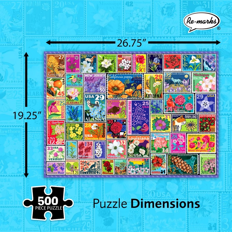 Re-marks State Flowers Stamp Collage Jigsaw Puzzle, 500 Large Piece