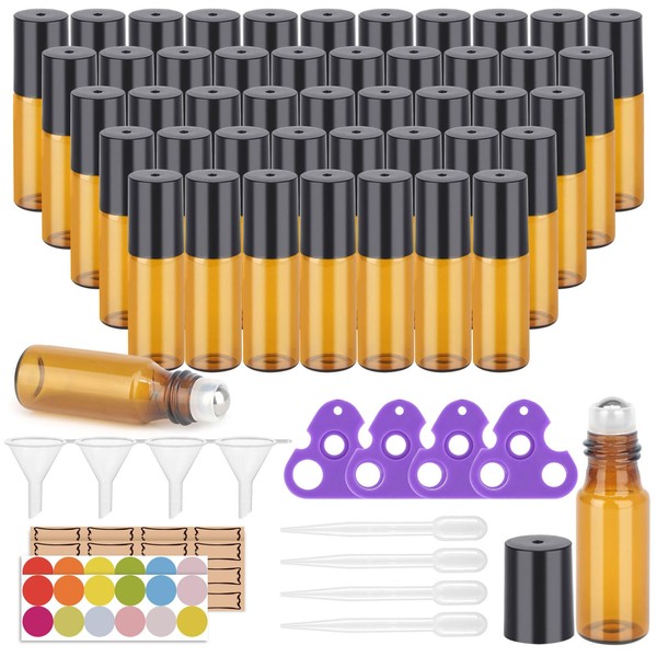 Easytle 48 Pack Essential Oil Roller Bottles, Amber Glass Roller