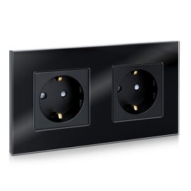 Navaris Glass Earthed Plug Socket Simple - with Installation Materials - Design Protective Contact Wall Socket with Glass Frame - in Black, black, 48300.02.01_m000793