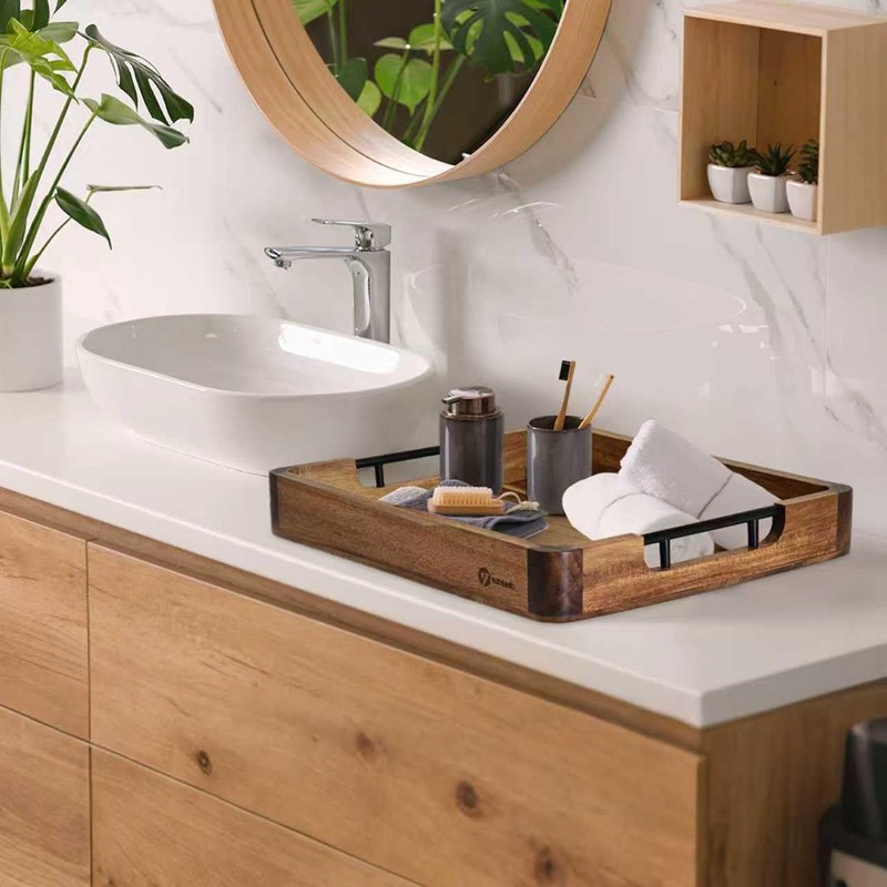 Wood Serving Tray with Handles, 17"x13" Large Decorative Ottoman Tray
