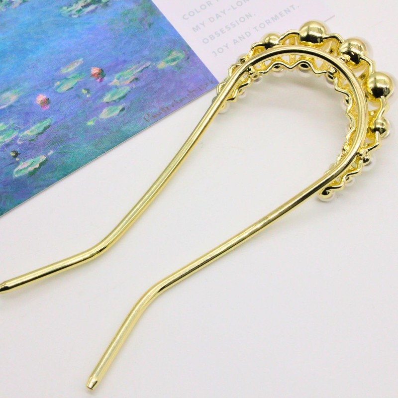 Miaomyao Hair Ornament, Japanese Kimono, Sleeve Flower, Pearl, Gold, U-shaped
