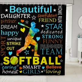 Softball Player Kids Shower Curtains,Ball Sports Games Modern Fashion Bathroom Curtains for Boys Girls Adults,Stars Love Heart Graffiti Colorful Waterproof Curtains,12 Hooks Suits,72" W x 84" L