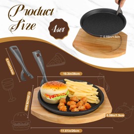 Mimorou 4 Set Cast Iron Fajita Plate Set with Wooden Base Anti Scald Protection Removable Handle Fajita Plate Sizzling Pan Cast Iron Skillets Set for Home Restaurant Kitchen BBQ Cooking (10.3 Inch)