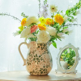 Ronasip Green Floral Ceramic Pitcher 8” Single Handle Chinoiserie Ice Crackle Farmhouse Vase Vintage Flower Vase for Living Room