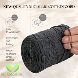 MeriWoolArt® Macrame Yarn 2 mm x 250 m Cotton Cord, Recycled Soft Cotton Yarn for Knitting Plant Hangers, Jewellery Making, Crochet Bags (Graphite, 2 mm)