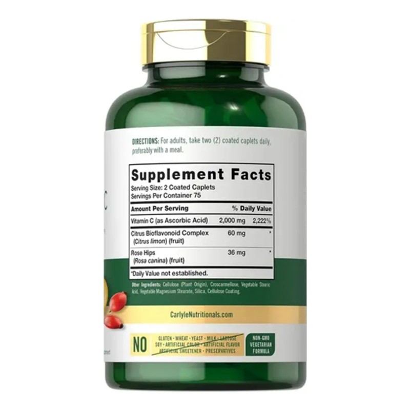 Vitamin C 2000mg | With Rose Hips | 150 Caplets|non-gmo