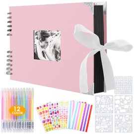 DIY Photo Album, Scrapbook, 80 Black Pages, Photo Book for Gluing, DIY Gift, Scrapbooking Set for Baby, Family, Anniversary, Birthday, Valentine's Day, Wedding with Protect Cones, Pink