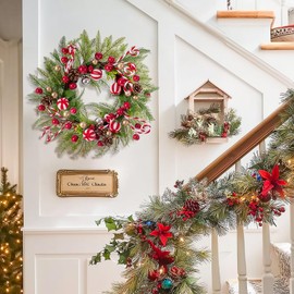 WDS WONDROUS Christmas Wreath, 24 Inch Door Wreath with Candy Canes Pinecones Berries for Front Porch Garden Indoor & Outdoor Wall Holiday Decorations