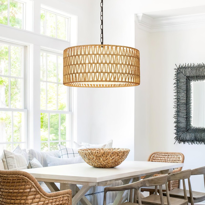 Farmhouse Chandeliers for Dining Room, Hand Woven 5-Light Rattan Pendant